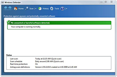Возможности программы Windows Defender системы Vista